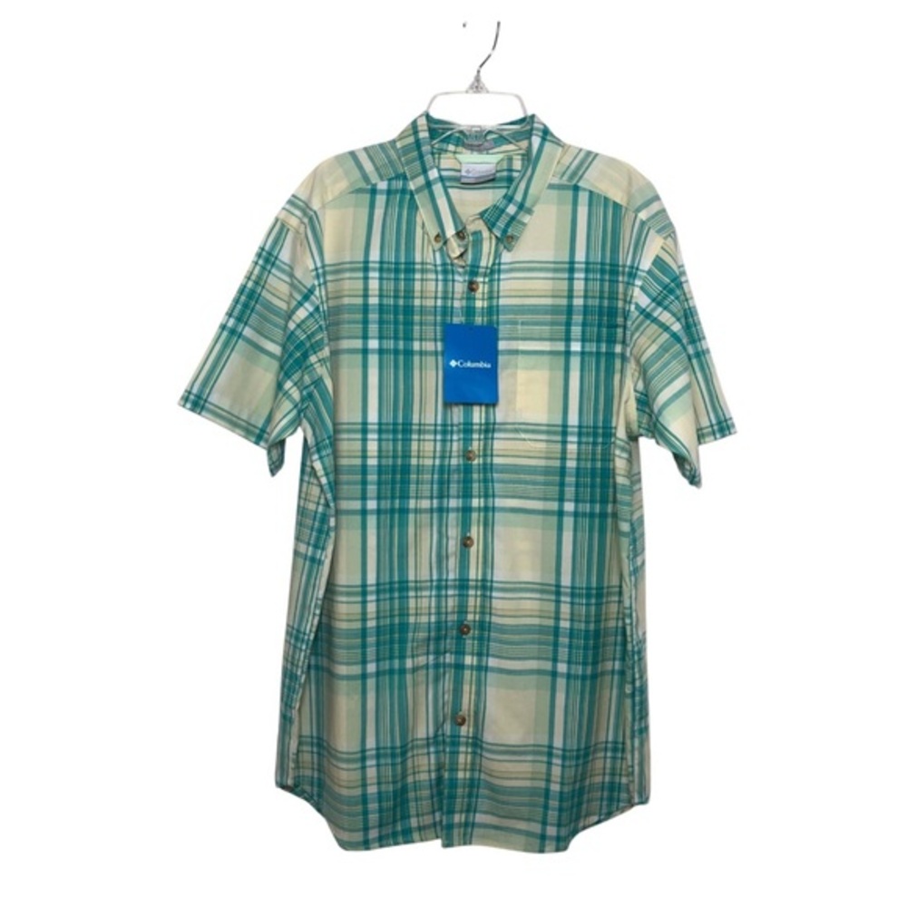 Columbia Cotton Short Sleeve Button Up‎ Teal/Yellow Plaid Men's Shirt Size M